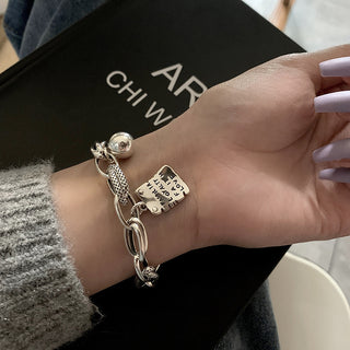 S925 Sterling Silver Bracelet Women's Simple Letter Square Plate